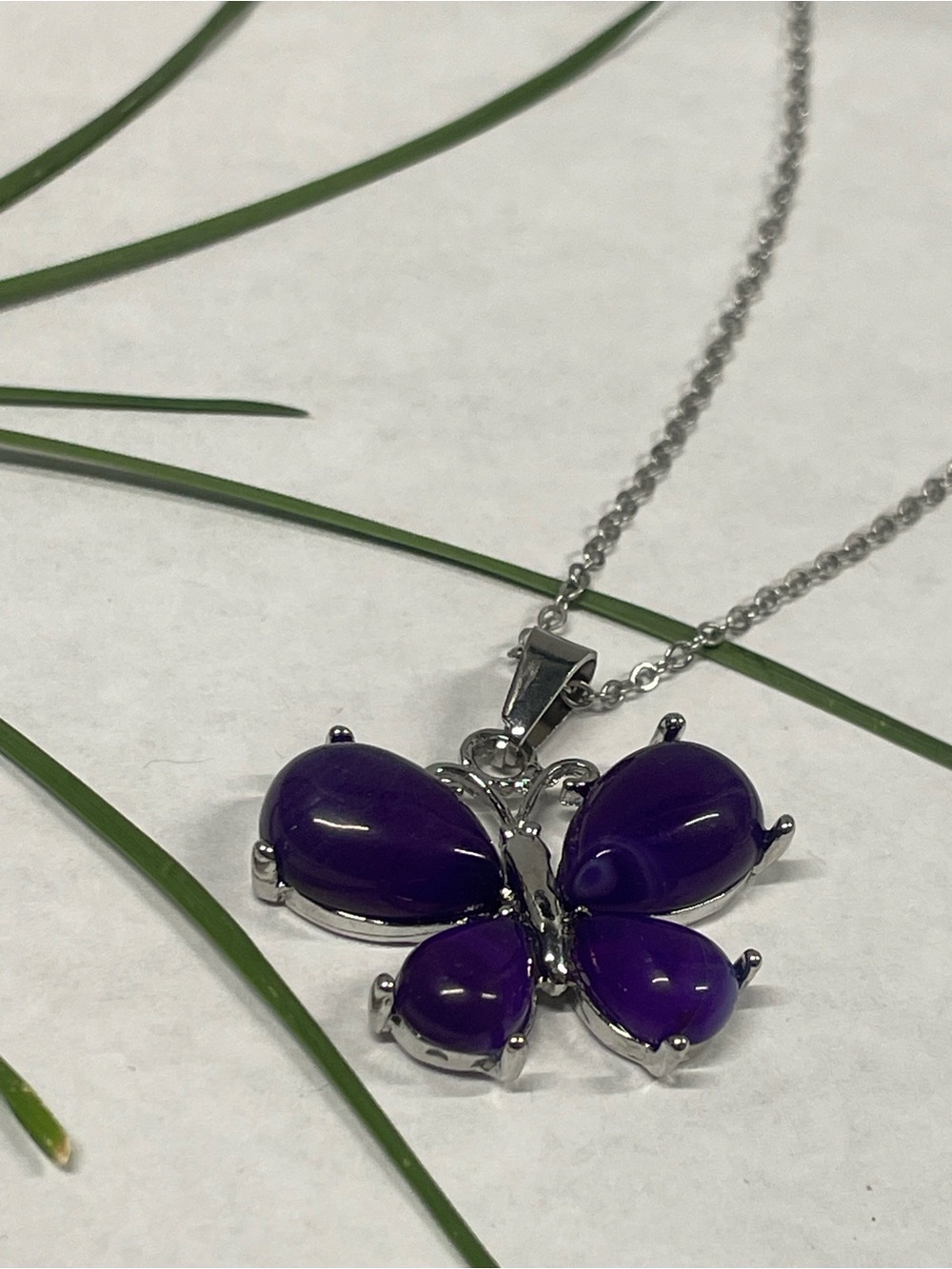 Silver Butterfly Pendant Necklace with Purple Stones